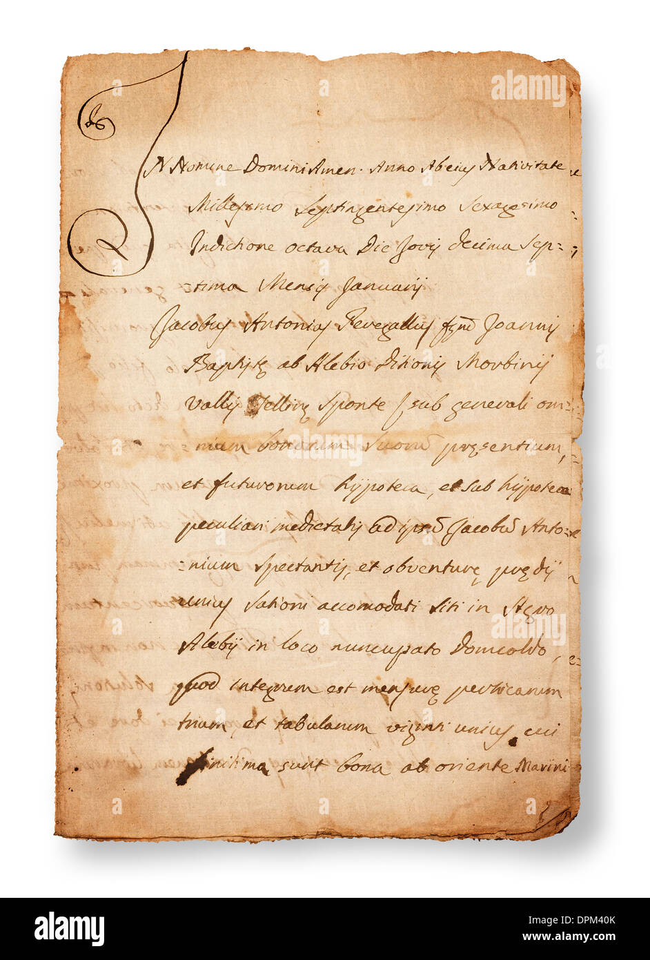 Antike Handschrift isoliert auf weiss Stockfoto