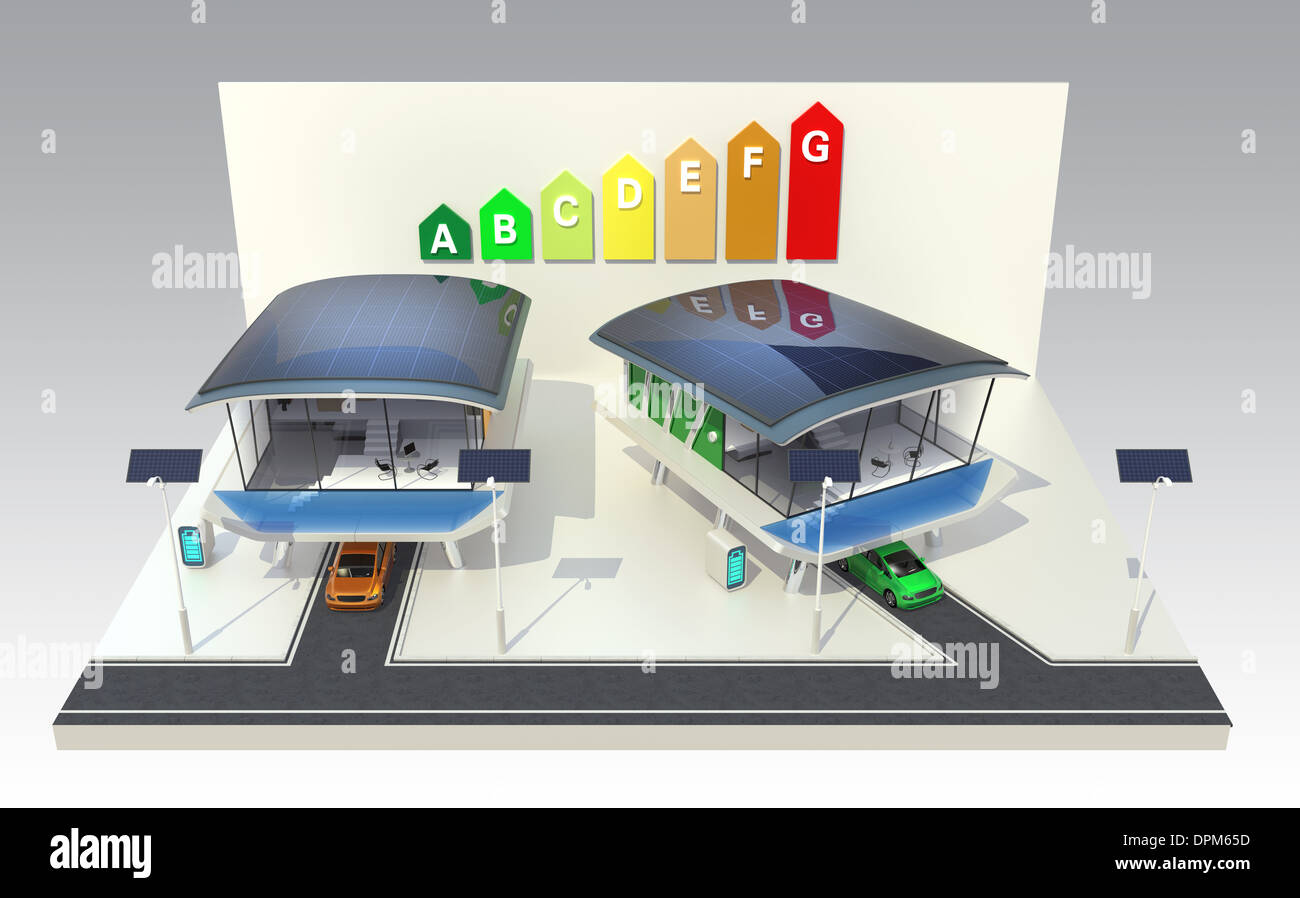 Energieeffiziente Häuser mit futuristischem Design, angetrieben durch Sonnenkollektoren, Heimat Batteriesystem. Original-Design. Stockfoto