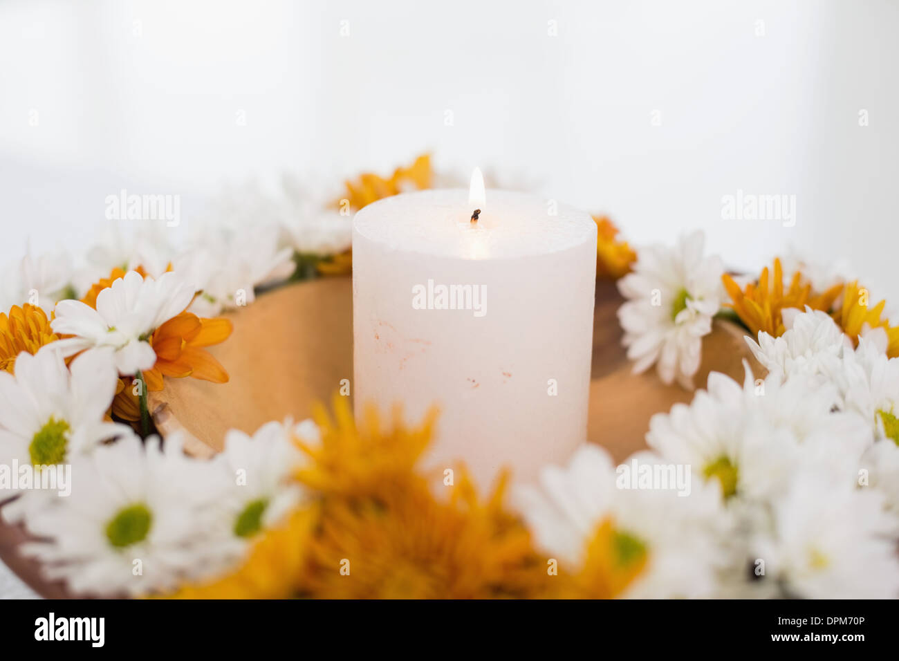 Blumen und eine brennende Kerze Stockfoto