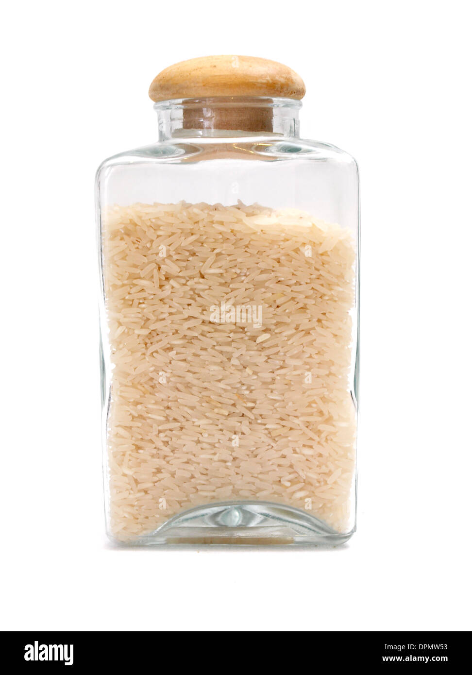 Glas Vorratsgefäß Reis auf einem weißen Hintergrund. Stockfoto