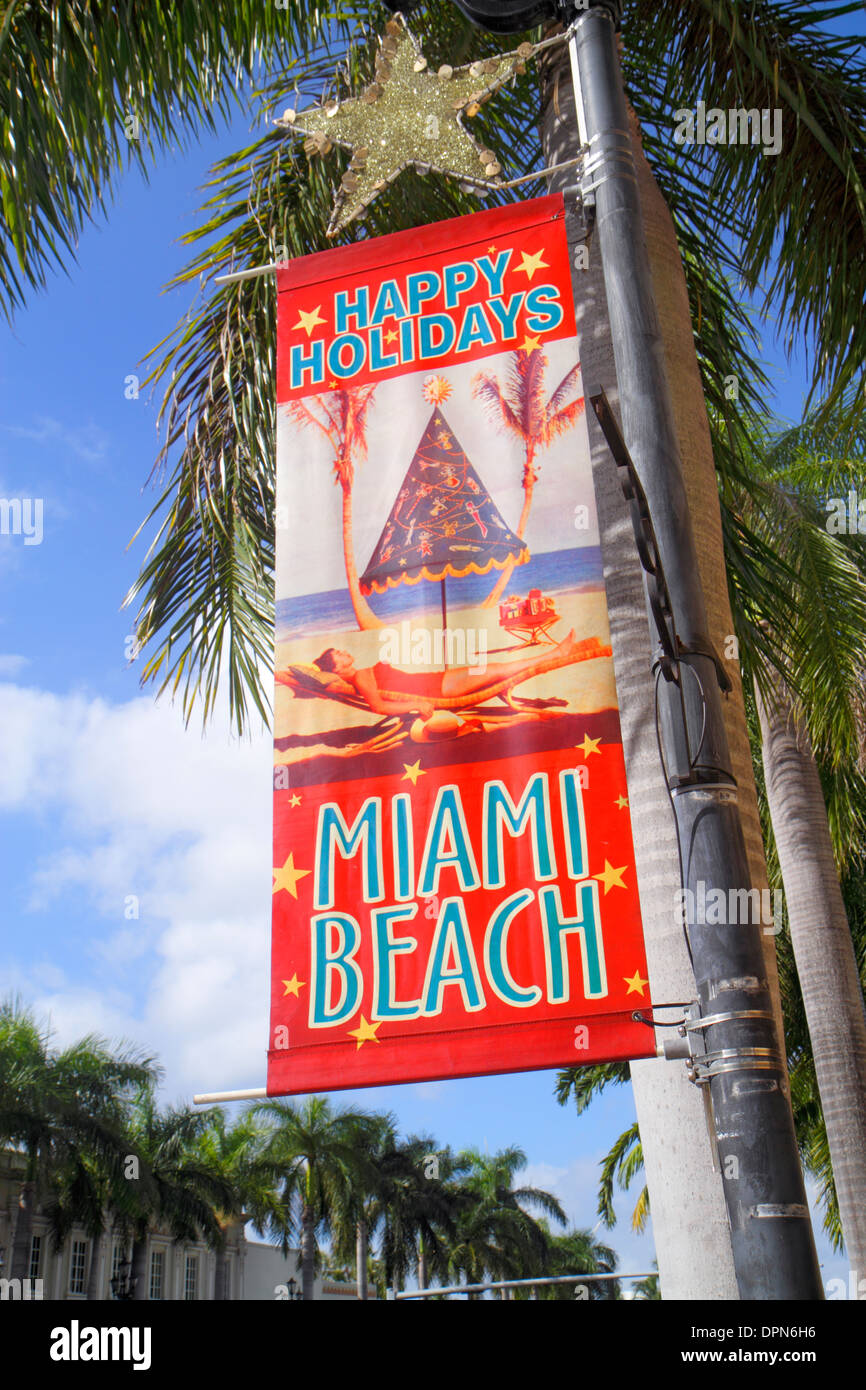 Miami Beach, Florida, 41. Straße, Arthur Godfrey Boulevard, Banner, frohe Festtage, Stadt, FL131231211 Stockfoto