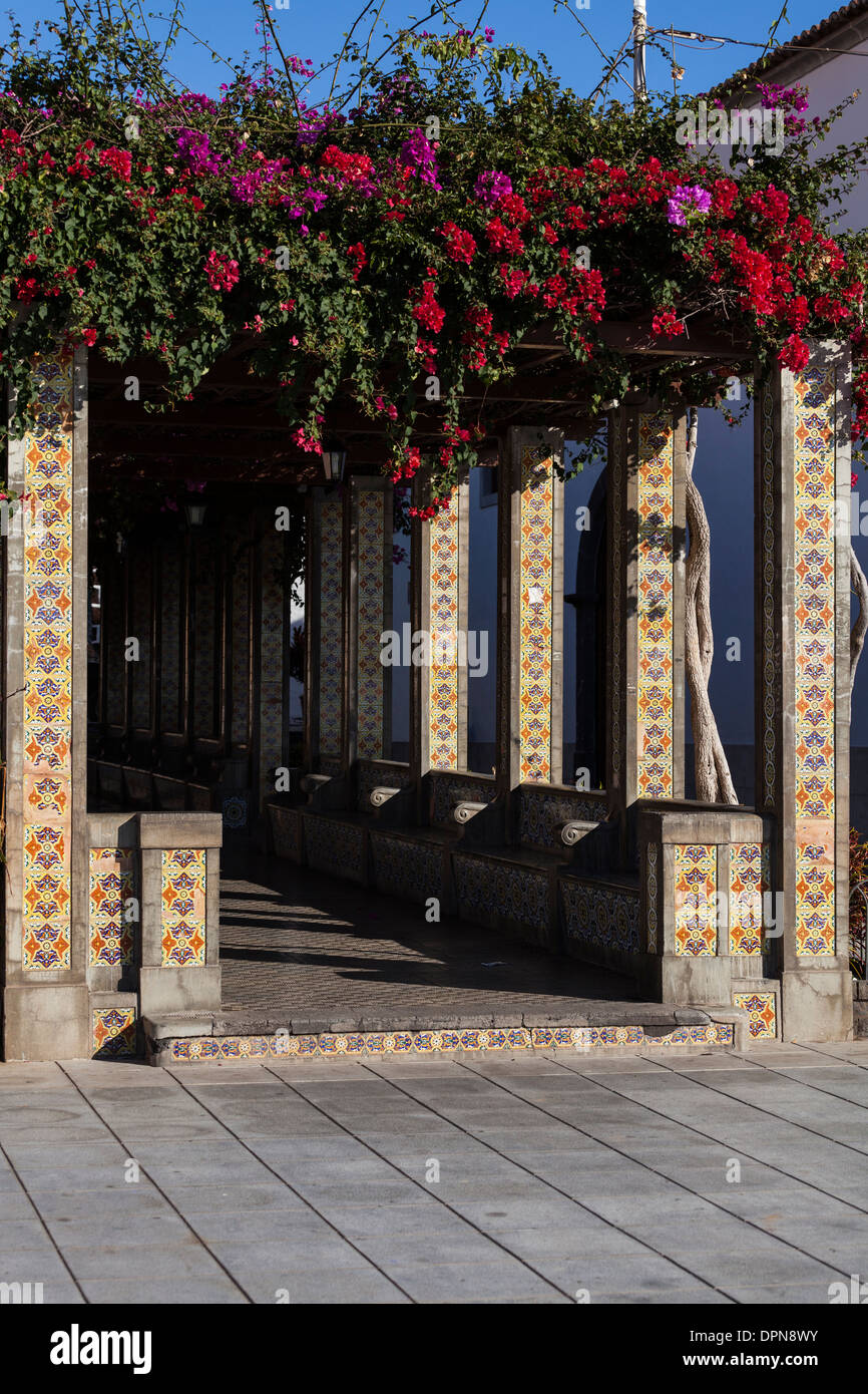 Bouganville wächst großflächig gefliesten schattig sitzen in der Plaza de Espana, Tazacorte, La Palma, Kanarische Inseln, Spanien Stockfoto