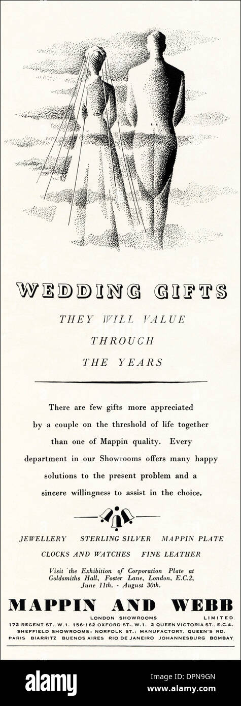1950er Jahre Werbung Werbung Hochzeitsgeschenke von MAPPIN und WEBB in London. Anzeige in Womens Fashion-Magazin ca. 1952. Stockfoto