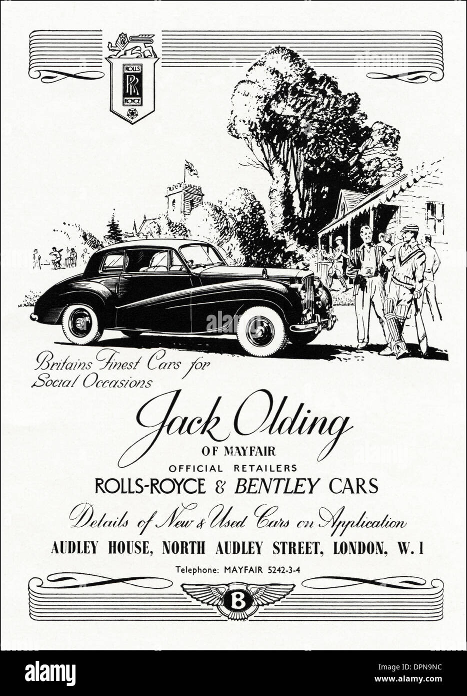 1950er Jahre Werbung Werbung JACK OLDING der Londoner Bentley & Rolls-Royce-Pkw-Verkaufszahlen. Anzeige in der Damenmode Magazin ca. 1952. Stockfoto