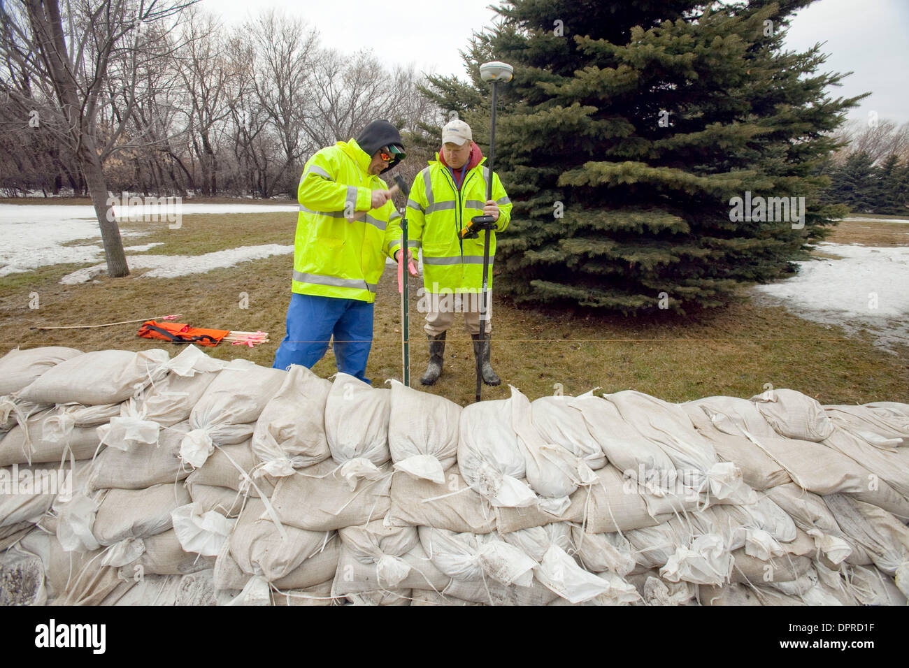 24. März 2009 - Fargo, North Dakota, USA - Stadt Fargo Mitarbeiter Jeremy Grandstrand, rechts, und Mike Shultz Laufwerk Pfähle markieren die vorhergesagte Red River Flut Kamm Höhe von 41 Fuß. Die Stadt Fargo noch sucht Freiwillige, die Deiche zu bauen und Sandsäcke zu füllen, wie der rote Fluss steigt weiter an und Überland Überschwemmungen Ansätze der Stadt aus dem Süden. (Kredit-Bild: © Dave Arn Stockfoto