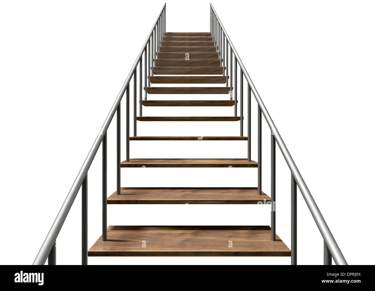 Eine Treppe aus Holzstufen und einem Metall Geländer auf einem isolierten weißen Hintergrund Stockfoto