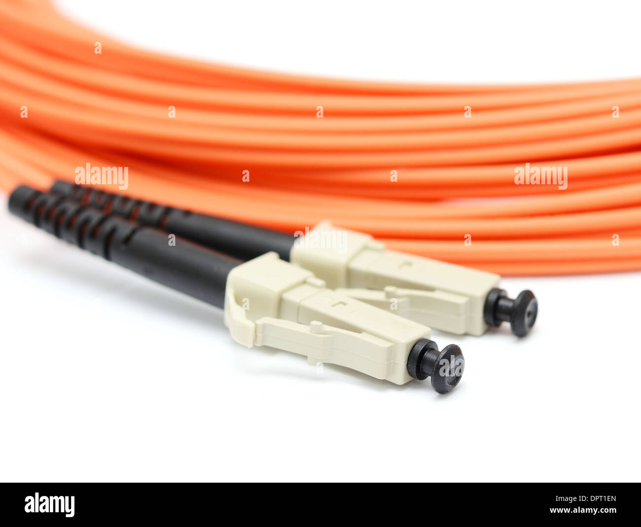 Auf dem weißen Hintergrund Makro Orange optisches Kabel anschließen. Stockfoto