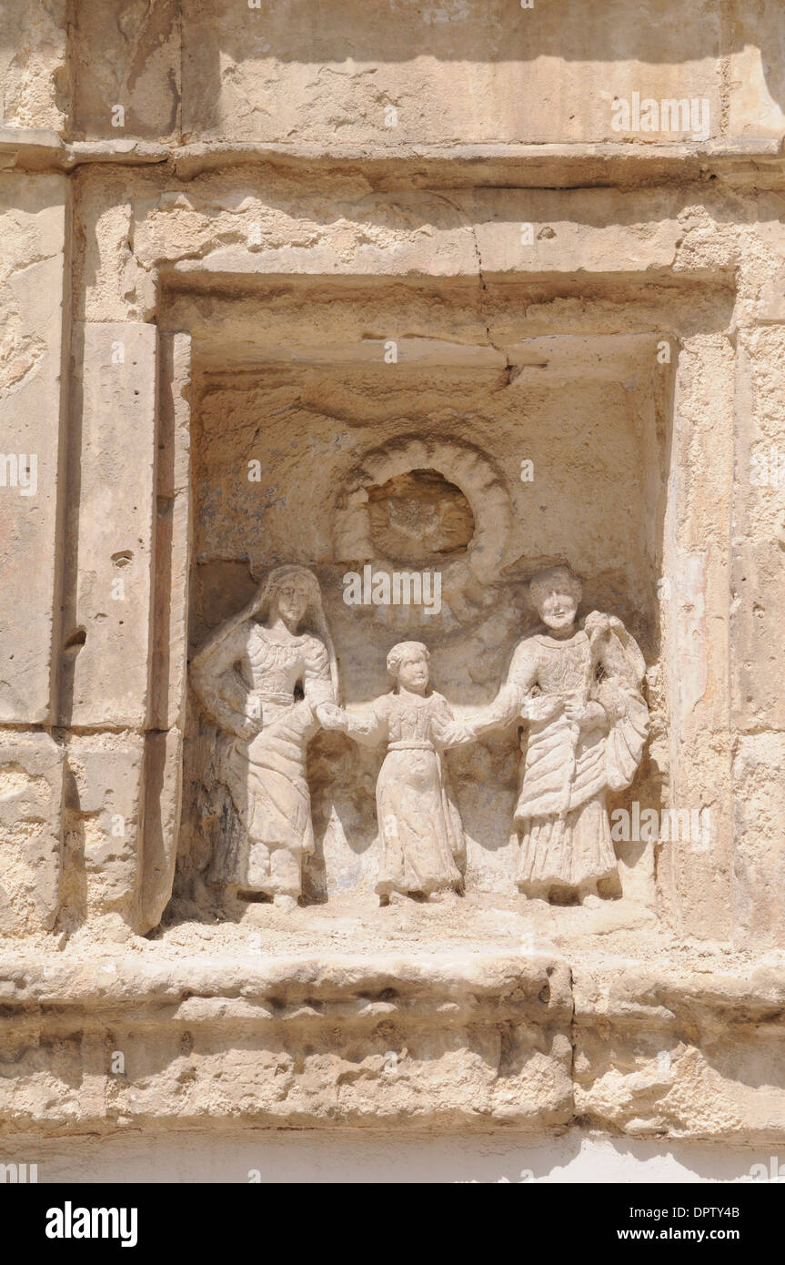 Steinbildhauerei eines religiösen Symbols in Ragusa Ibla, die barocke Stadt als Weltkulturerbe der Unesco Stockfoto