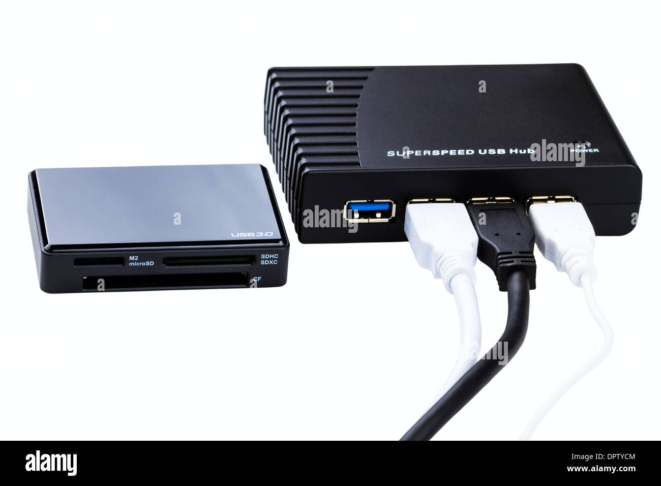 SuperSpeed USB-Hub und Kartenleser isoliert auf weißem Hintergrund Stockfoto