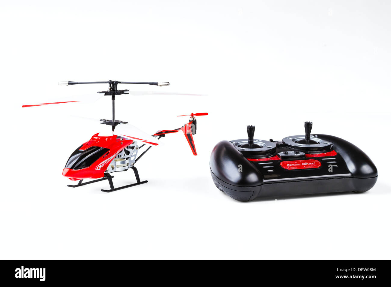 Funk-Modell des Hubschraubers mit dem Control Panel isoliert auf weißem Hintergrund Stockfoto