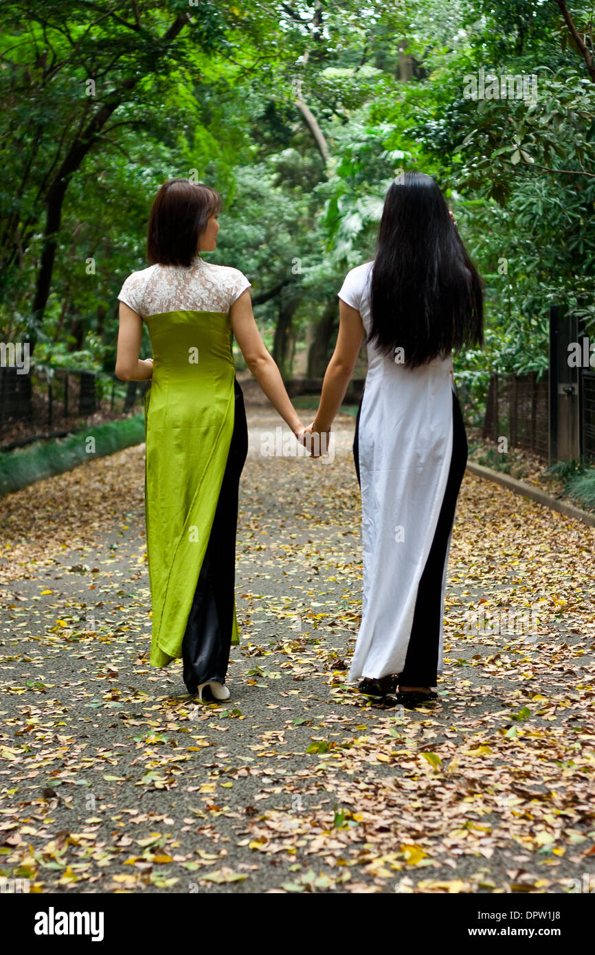 Zwei Junge Frauen im Traditionellen vietnamesischen Kleid, die Hände In Gehweg halten Stockfoto