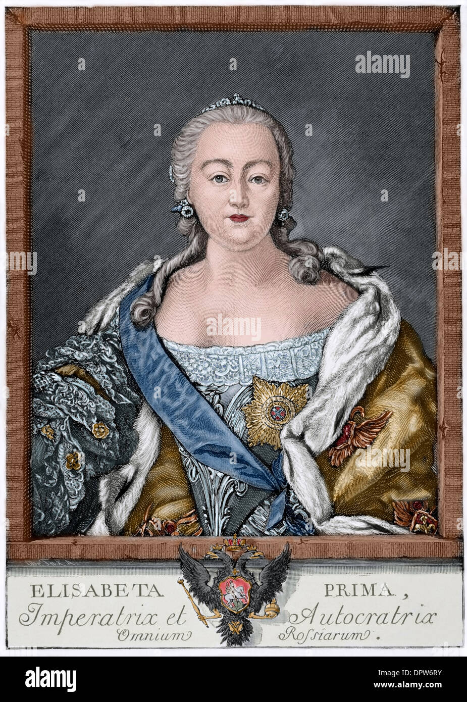 Elisabeth von Russland (1709-1762). Kaiserin von Russland. Kopie der Gravur von E. Chemesov, 1761. Farbige. Stockfoto