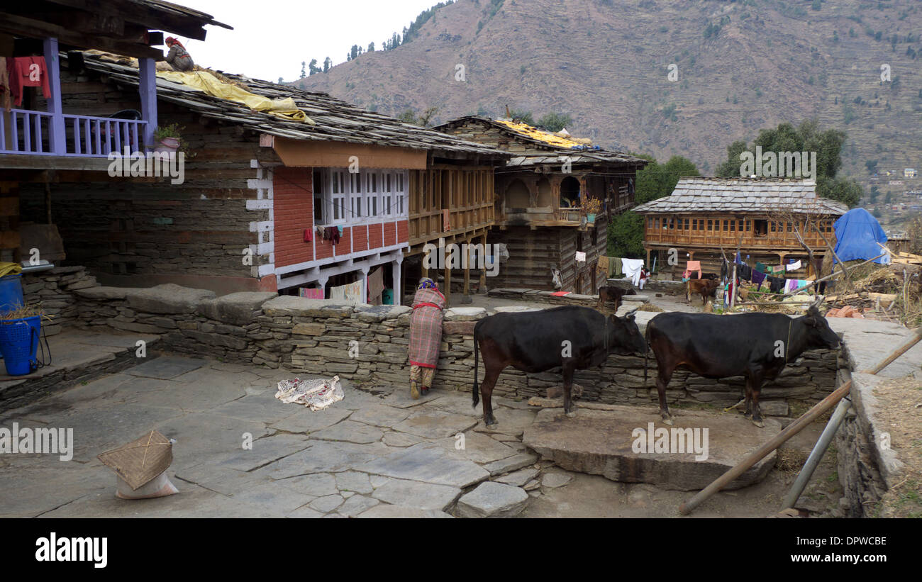 Typische hölzerne Häuser, Berg Dorf, Rumsu, nr Naggar, Kullu-Tal, Himachal Pradesh, Nordindien. Stockfoto