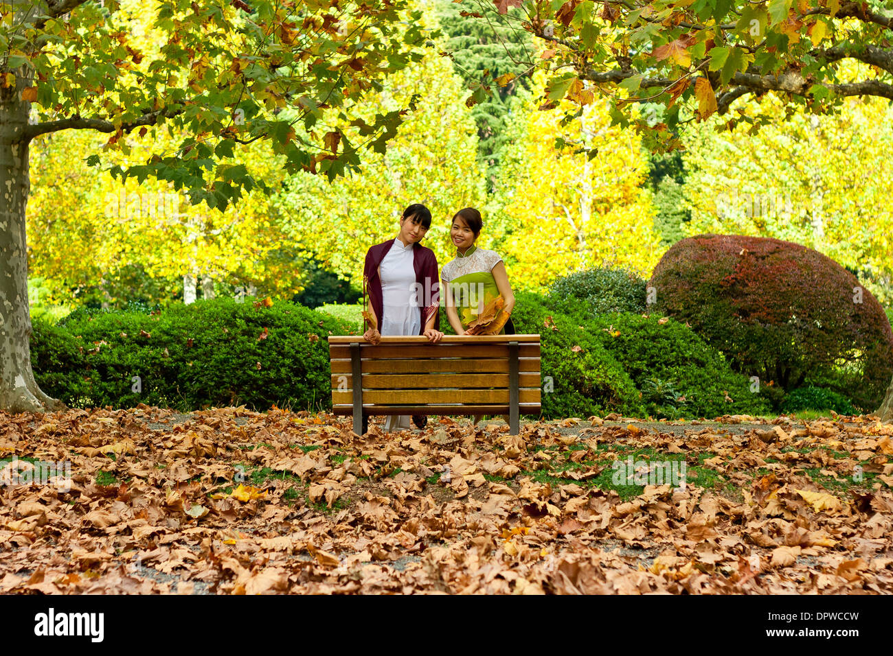 Zwei junge Frauen, kniend auf einer Parkbank zurück in Richtung der Kamera mit einem Vordergrund Laub. Stockfoto