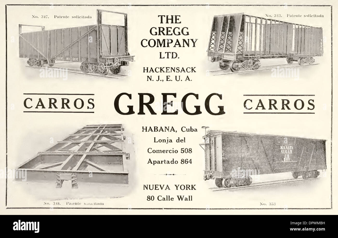 Gregg Company Ltd., Gregg Carros, Werbung in der Kuba-Review März 1914, Spezialisten in der Plantage Eisenbahnmaterial. Stockfoto