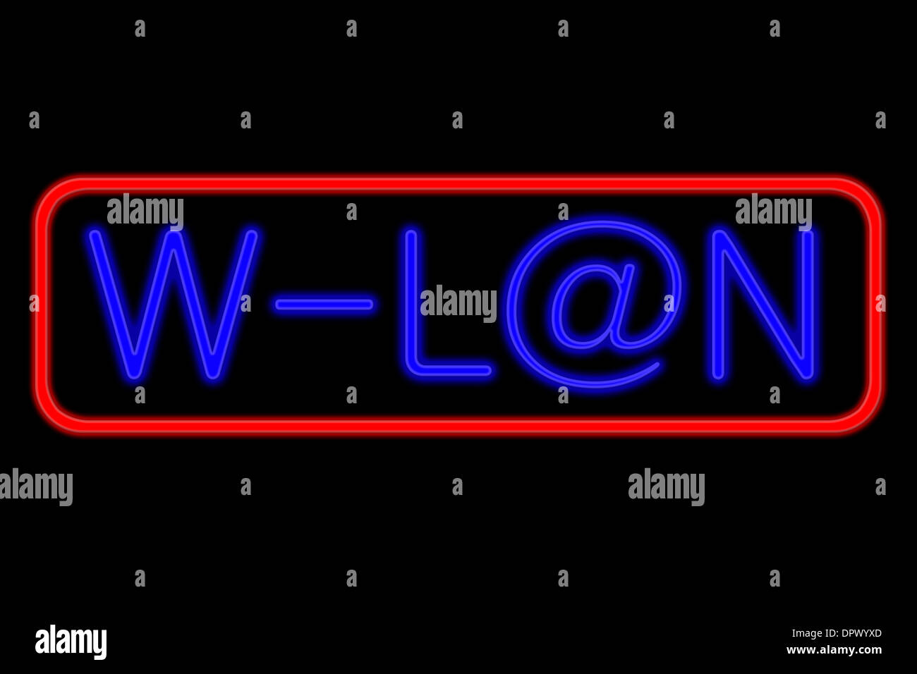 Neon Leuchtreklame mit blauer Schrift und roter Rahmen mit w-lan mit at-Zeichen als isoliert auf schwarzem Hintergrund Stockfoto