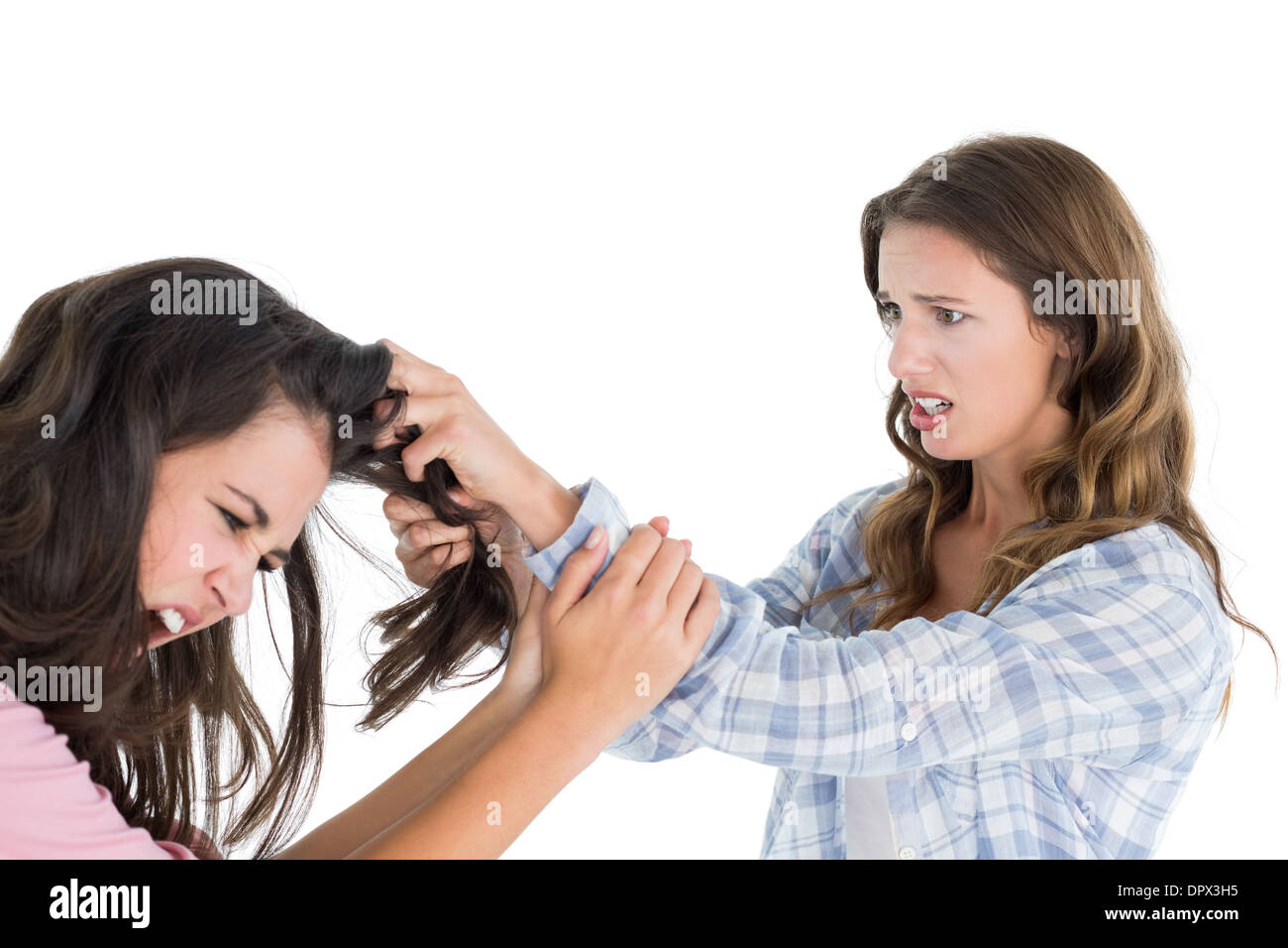 Böse Mädchen ziehen Frauen Haare in einem Kampf Stockfoto