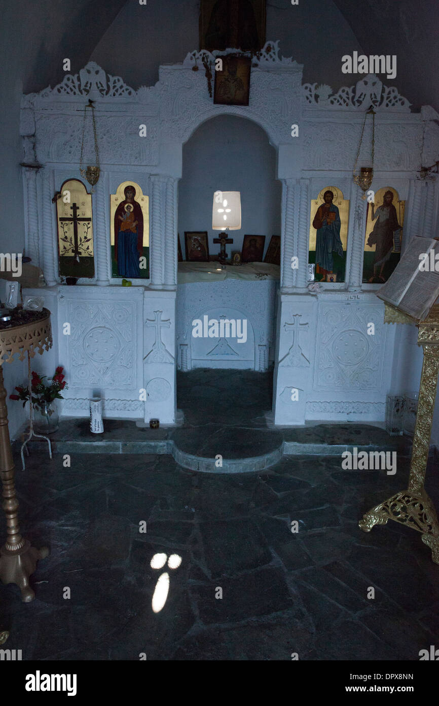 Innere des Timios Stavros Church, in der Nähe von Plakias, Bezirk Rethymnon, Kreta, Griechenland. Stockfoto