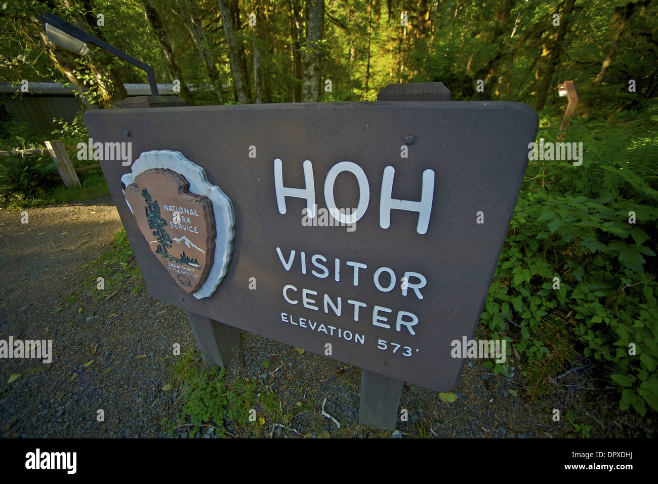 Hoh Forest Visitor Center Holzschild. Der Olympic National Forest, Washington State, USA. Stockfoto