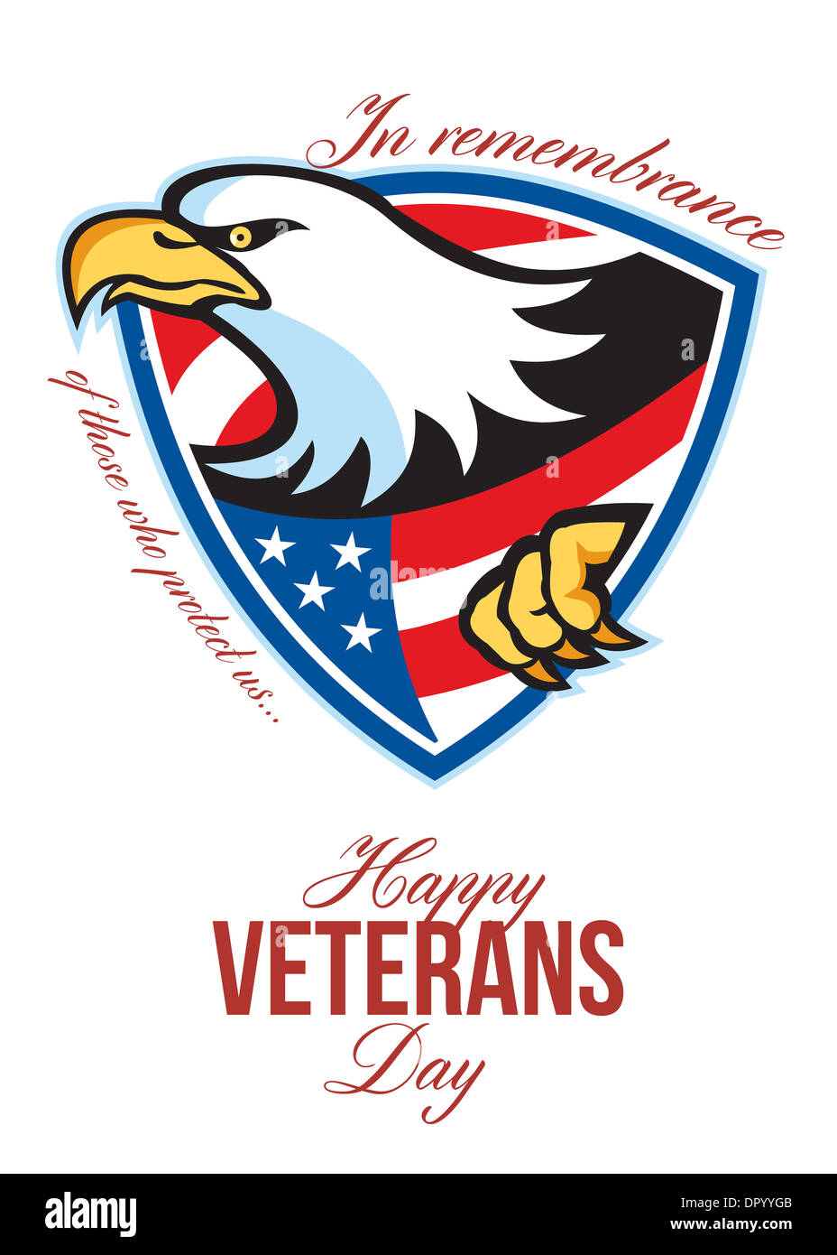 Grußkarte Plakat zeigt Abbildung der Weißkopf-Seeadler mit amerikanischen Stars Stripes Flagge im Schild im retro-Stil mit Worten glückliche Veteranen-Tag in Erinnerung an diejenigen, die uns schützen. Stockfoto