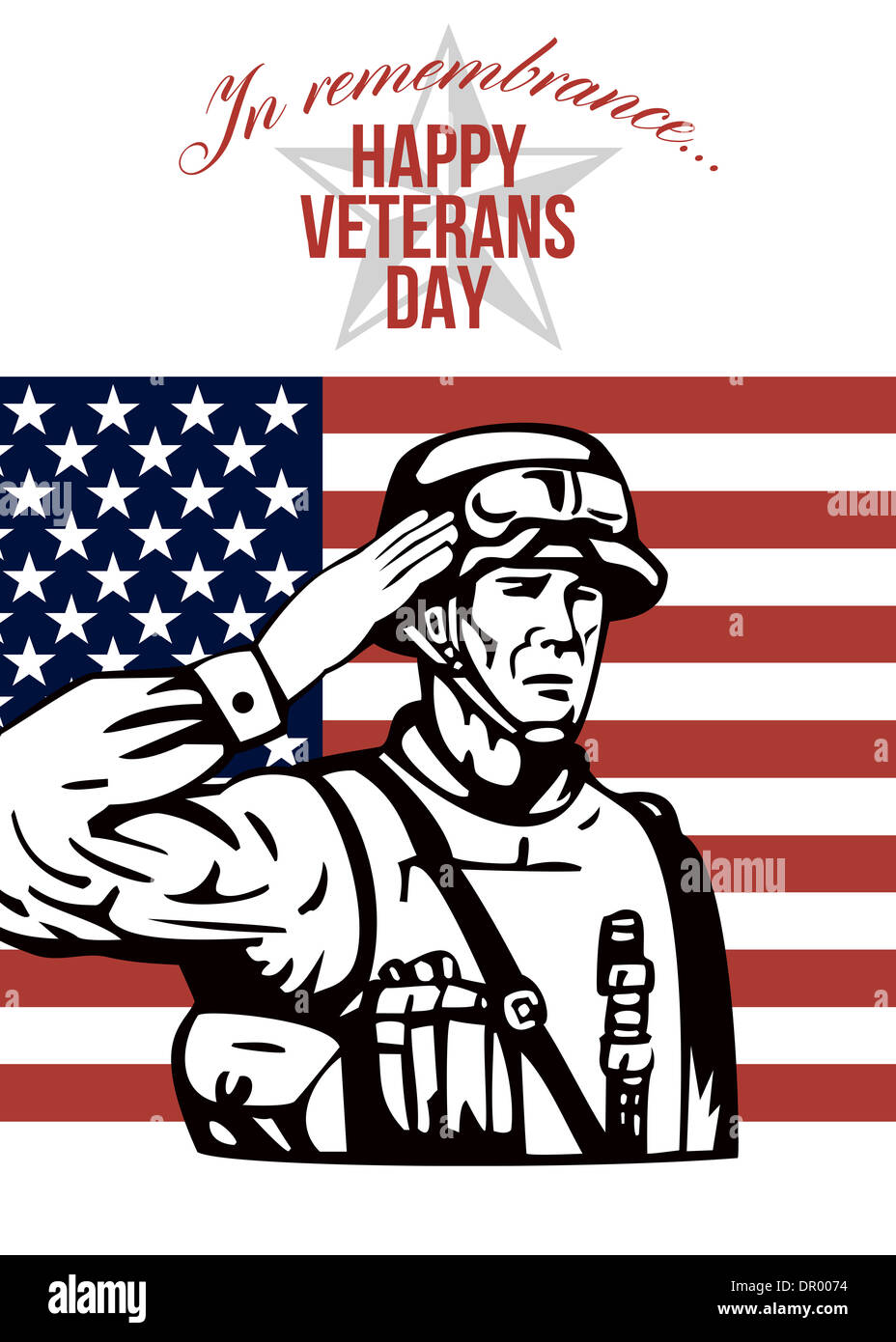 Grußkarte-Plakat mit Abbildung der ein amerikanischer Soldat Soldaten salutieren mit Sternen und Streifen-Flagge im Hintergrund glücklich Veterans Day. Stockfoto