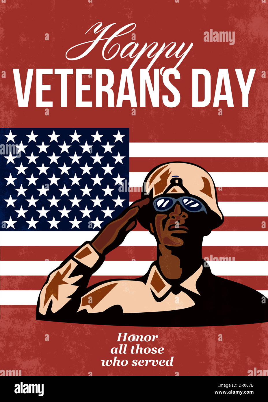 Gruß Karte Plakat zeigt Abbildung der Afro-Amerikaner Soldat Soldaten salutieren mit Sternen und Streifen-Flagge im Hintergrund glücklich Veterans Day zu Ehren wer serviert. Stockfoto