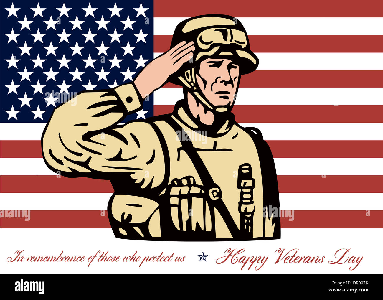 Grußkarte-Plakat mit Abbildung der ein amerikanischer Soldat Soldaten salutieren mit Sternen und Streifen-Flagge im Hintergrund glücklich Veterans Day in Erinnerung an diejenigen, die uns zu schützen. Stockfoto
