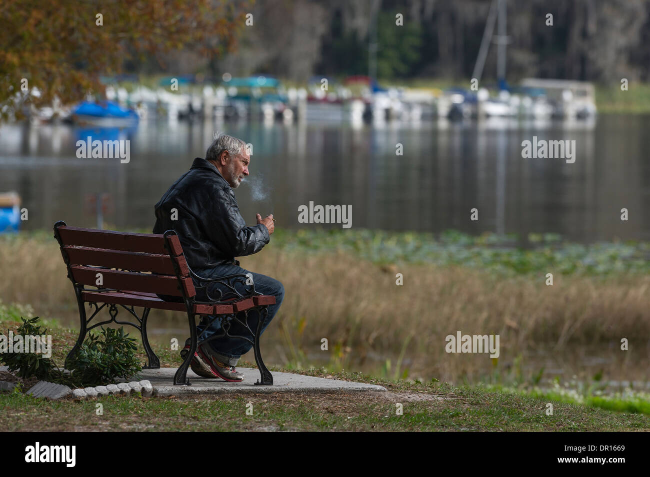 Ein Mann sitzt allein auf einer Parkbank in Leesburg Florida Stockfoto