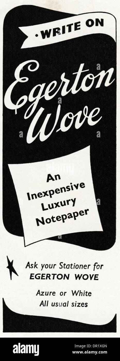 1950er Jahre Werbung Werbung Luxus Briefpapier von EGERTON wob. Anzeige in Womens Fashion-Magazin ca. 1952. Stockfoto