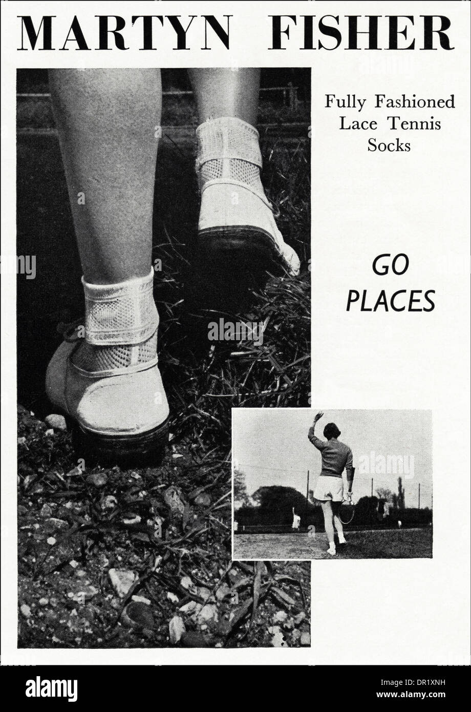 1950er Jahre Werbung Werbung gestaltet voll Spitze Tennissocken von Martyn Fisher. Anzeige in Womens Fashion-Magazin ca. 1952. Stockfoto