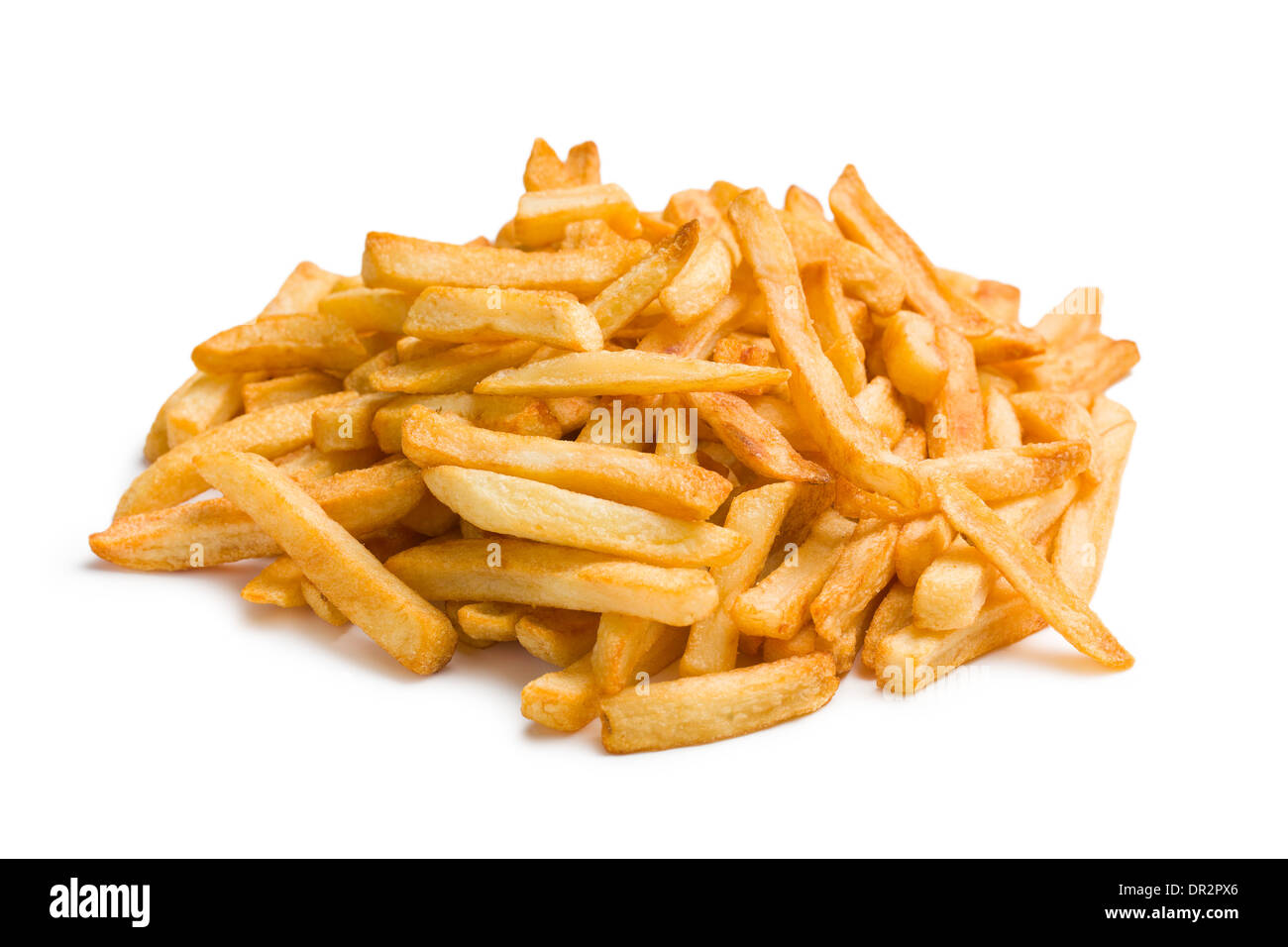 Haufen Pommes Frites auf weißem Hintergrund Stockfoto