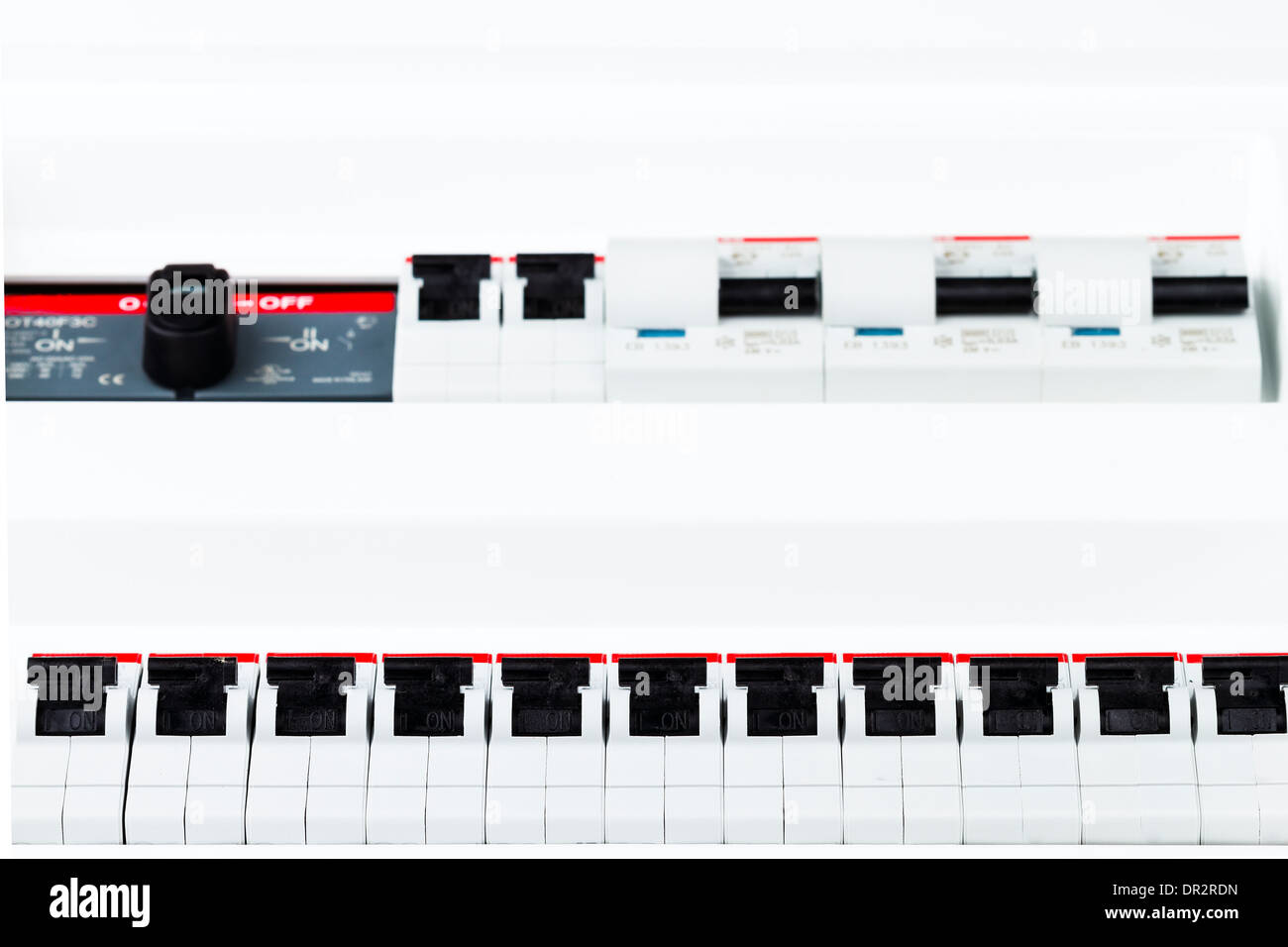 Leitungsschutzschalter isoliert auf weißem Hintergrund Stockfoto