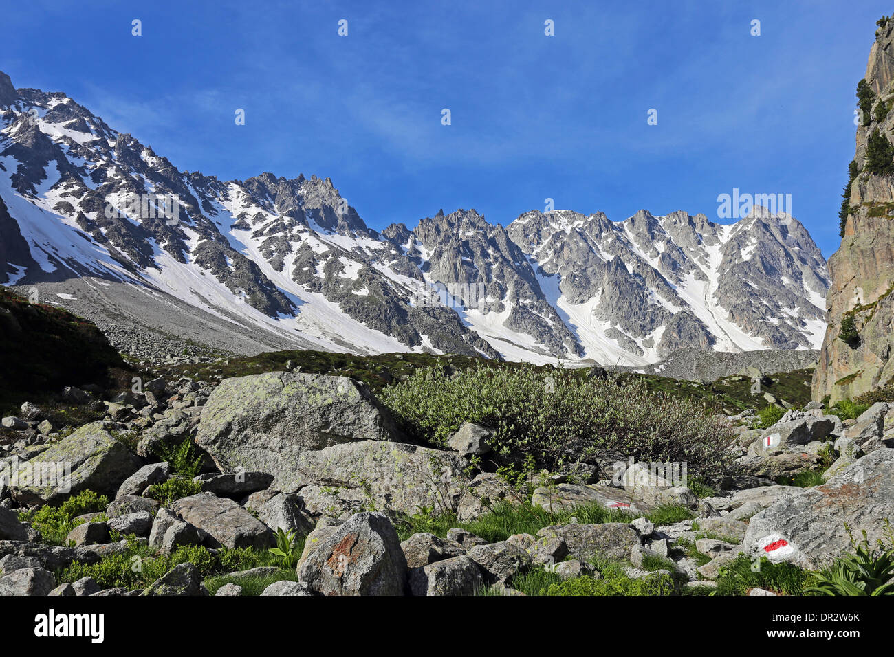 Arpette Alpine Valley, Mont Blanc Massiv. Alpine Landschaft. Schweizer Alpen. Stockfoto