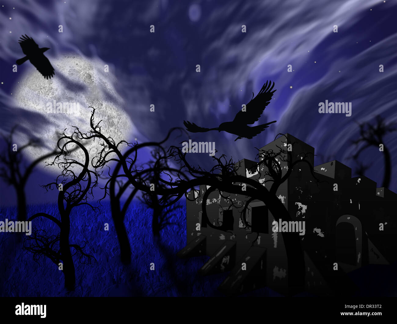 Abbildung des Waldes Nacht mit Vollmond und blattlosen Bäume Stockfoto