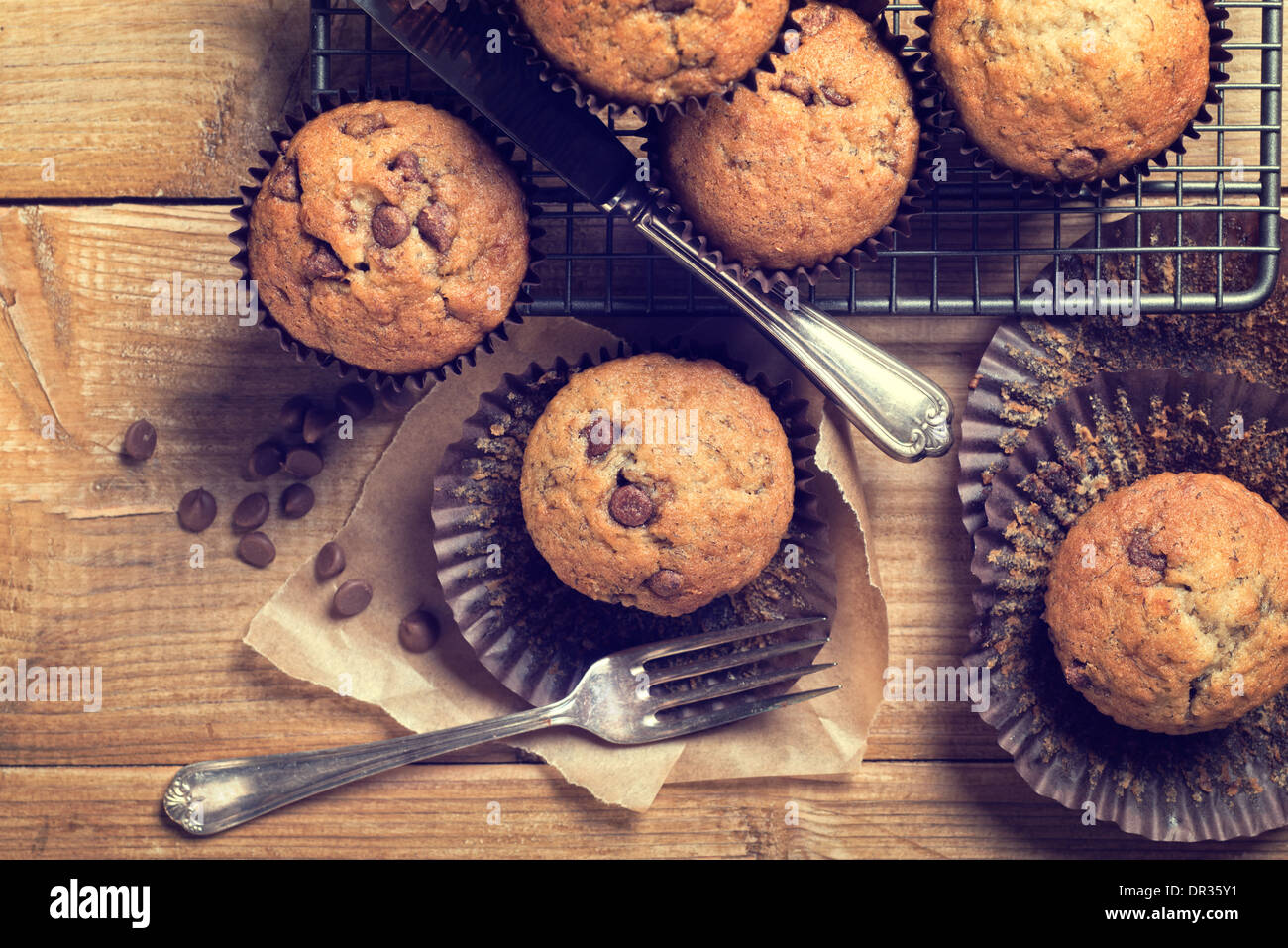 Chocolate Chip Muffins auf Rack-Kühlung Stockfoto