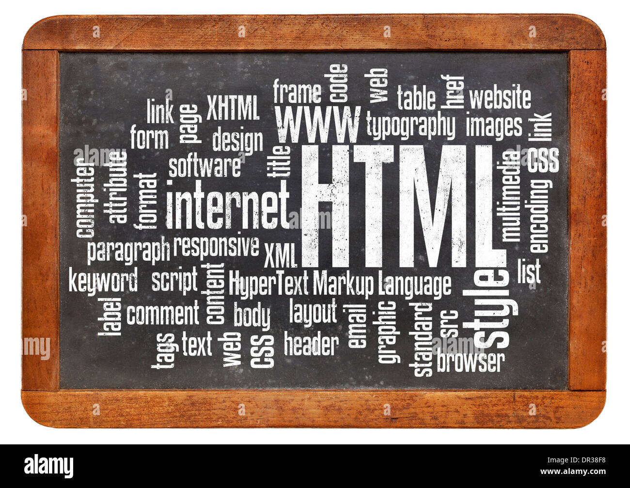 HTML (Hypertext Markup Language) Wortwolke auf einer Vintage Schiefer Tafel Stockfoto