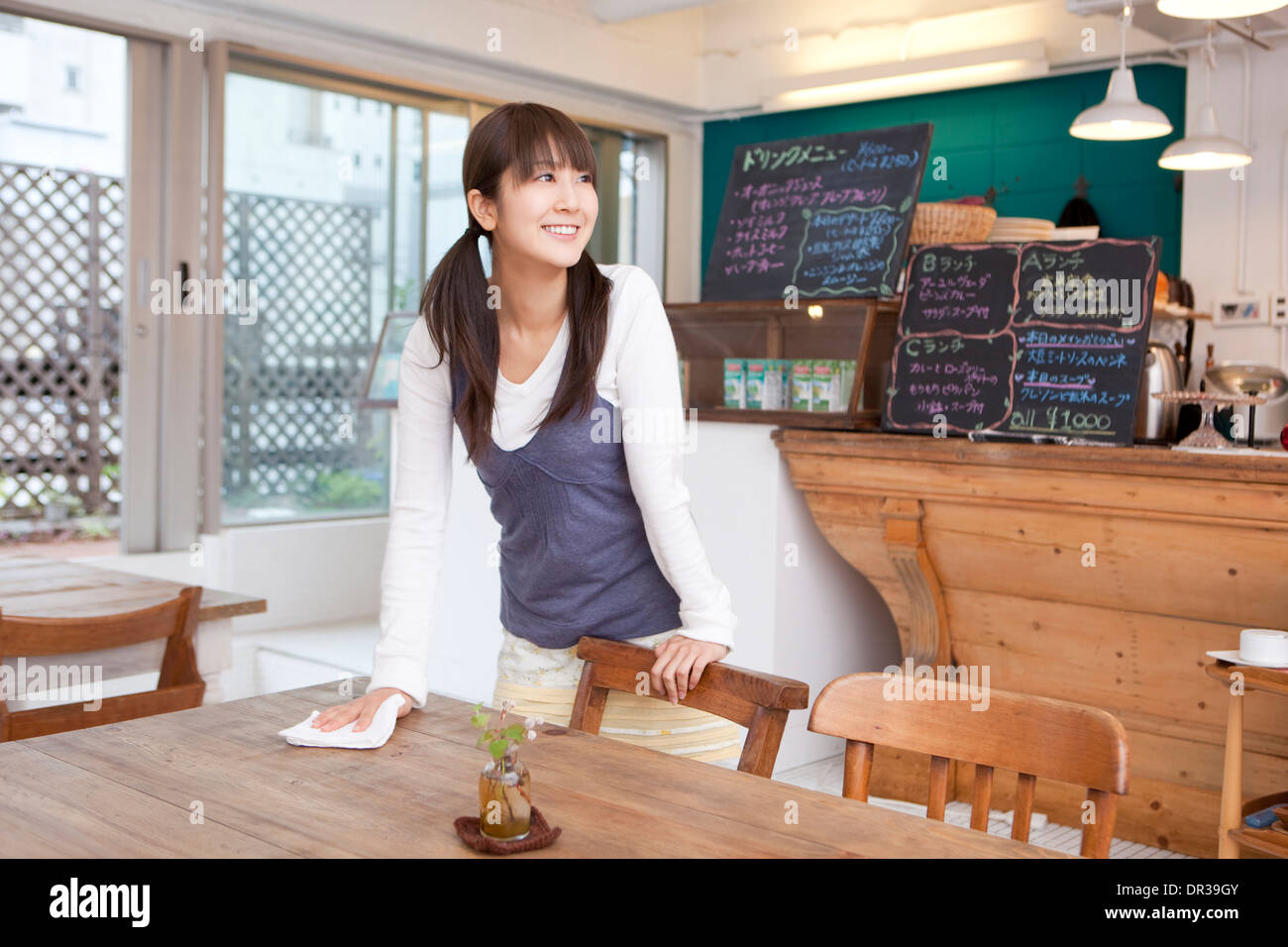 Junge Frau, die arbeitet im café Stockfoto