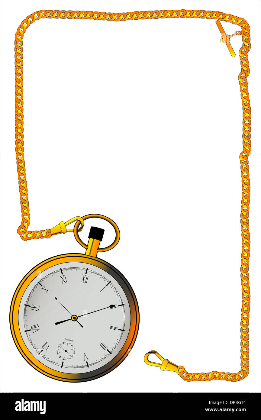 Eine goldene Uhr und eine lange Länge der Kette einen Rahmen zu schaffen. Stockfoto