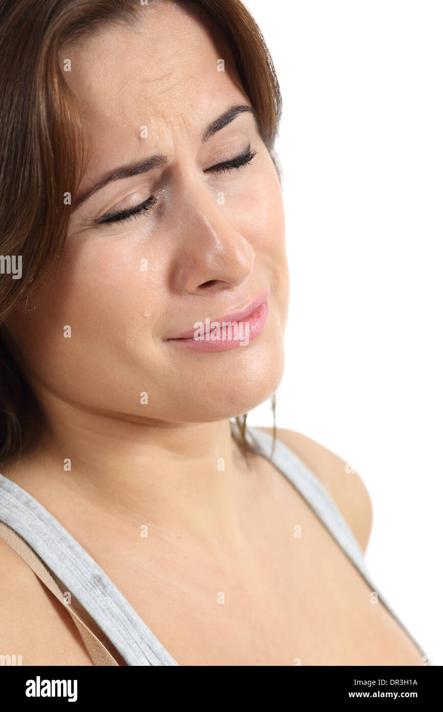 Porträt einer Frau, die weint Tränen isoliert auf weißem Hintergrund Stockfoto