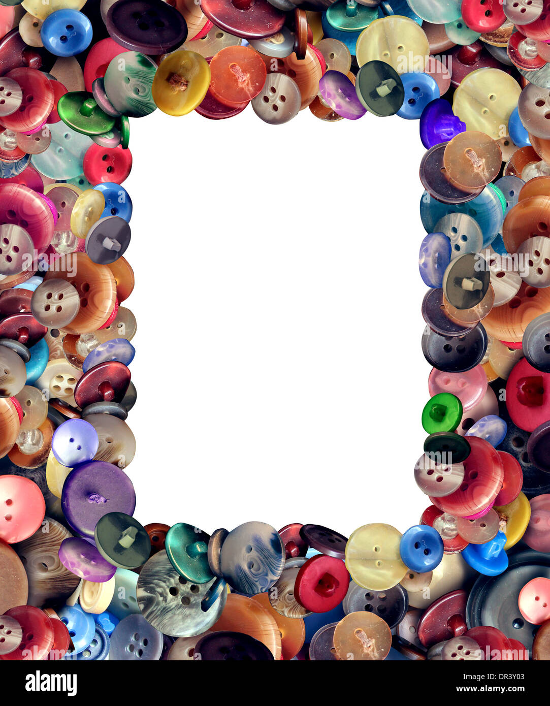 Mode-Design-Frame-Konzept mit einer Gruppe von alten Vintage-Kleidung-Knöpfe in Form eines gerahmten mit leere Kopie Raum als ein Symbol für die Bekleidung Business- und Bekleidungsindustrie Schneiderei oder Schneider Design Metapher. Stockfoto