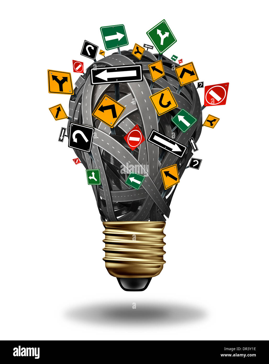 Richtung Ideen und kreative Führung Business-Konzept mit einer Gruppe von Straßen, Autobahnen und Straßenschilder in Form einer Glühbirne als eine Kreativität betonen Metapher für verwirrt Strategie und Planung auf einem weißen Hintergrund. Stockfoto