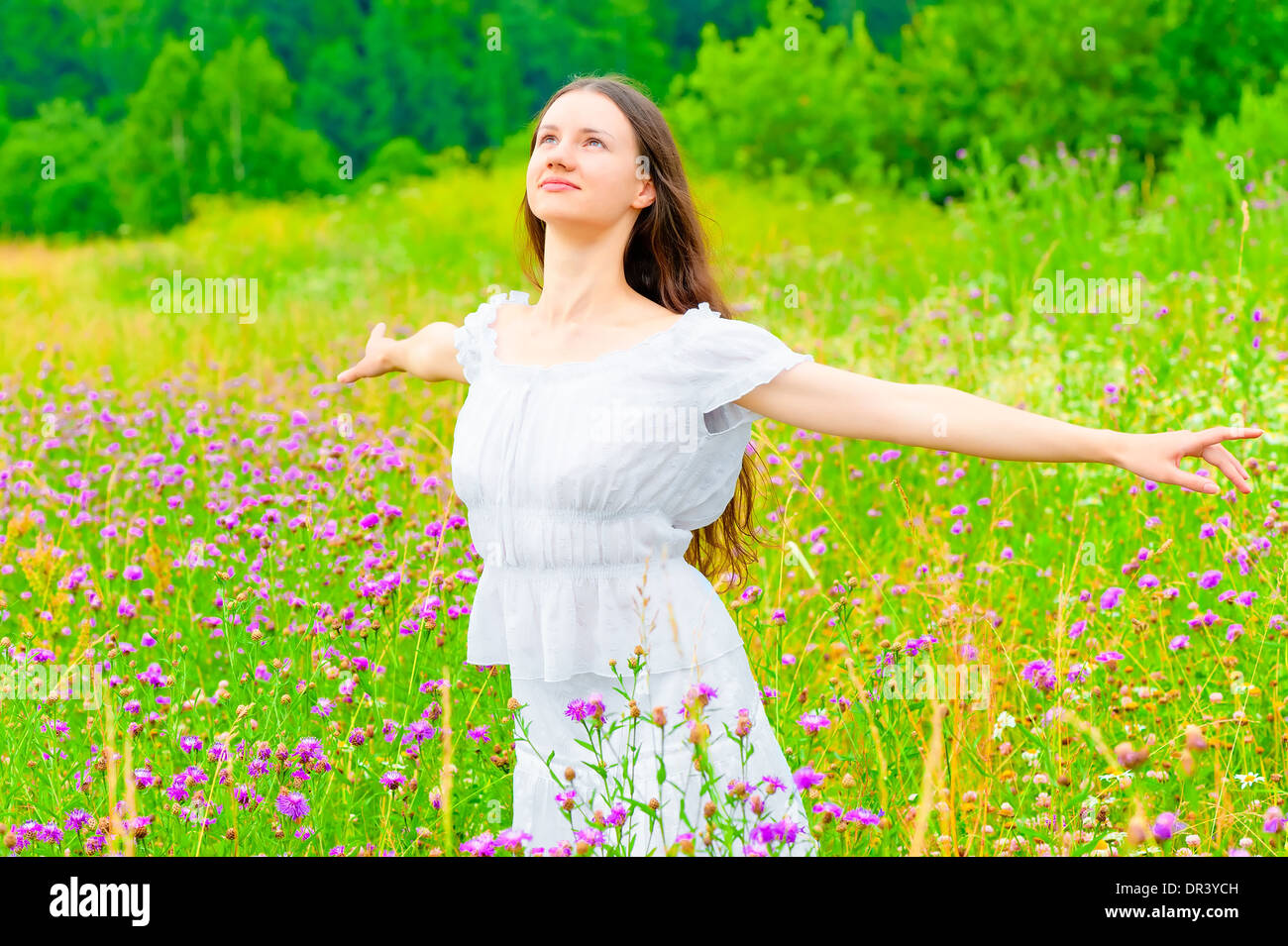 Kostenlose Russische junge Mädchen in einem Feld mit Blumen Stockfoto