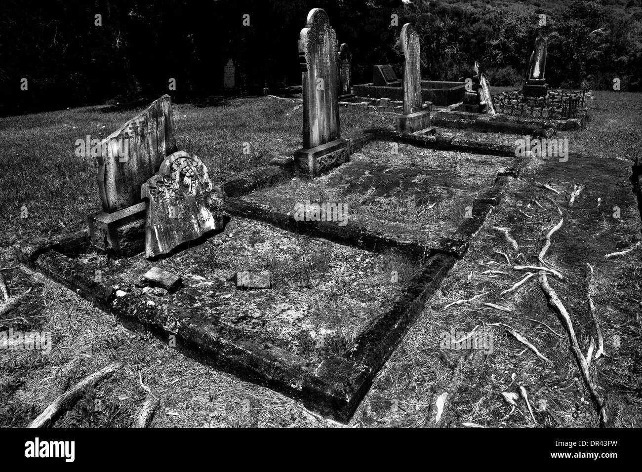 Alter Friedhof mit einem gebrochenen Grabstein Stockfoto