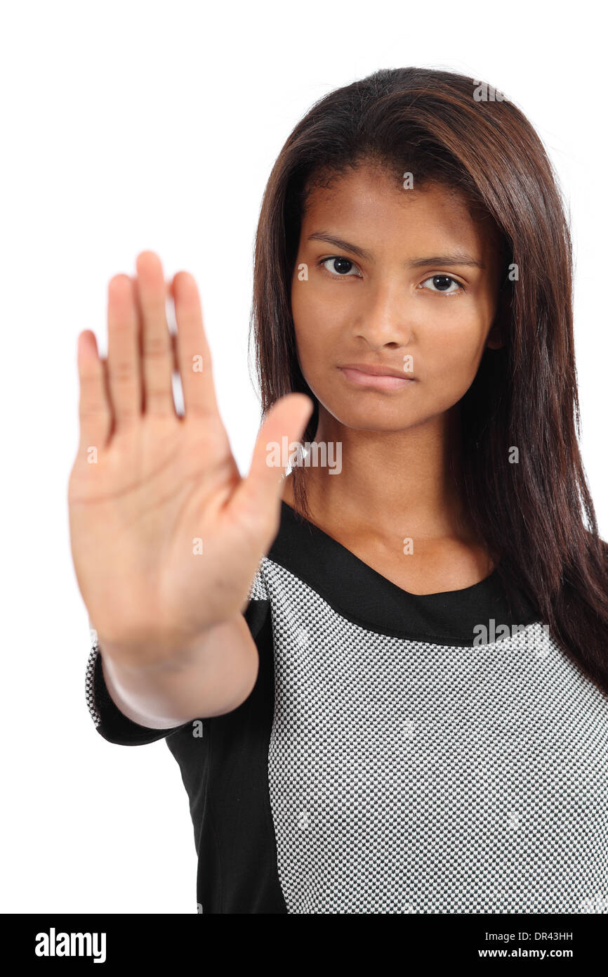 Schöne afrikanische amerikanische Frau machen Stop Geste mit der Hand auf einem weißen Hintergrund isoliert Stockfoto