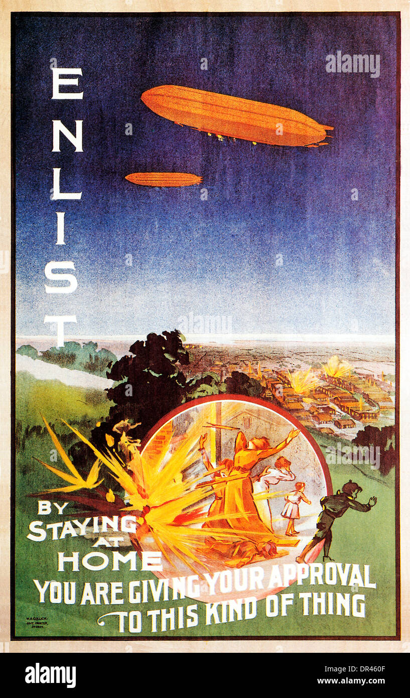 Tragen Sie ein, Zeppelin, 1916 Australian recruiting Poster zeigt deutsche Bombardierung von Zivilisten in England durch Luftschiffe Stockfoto