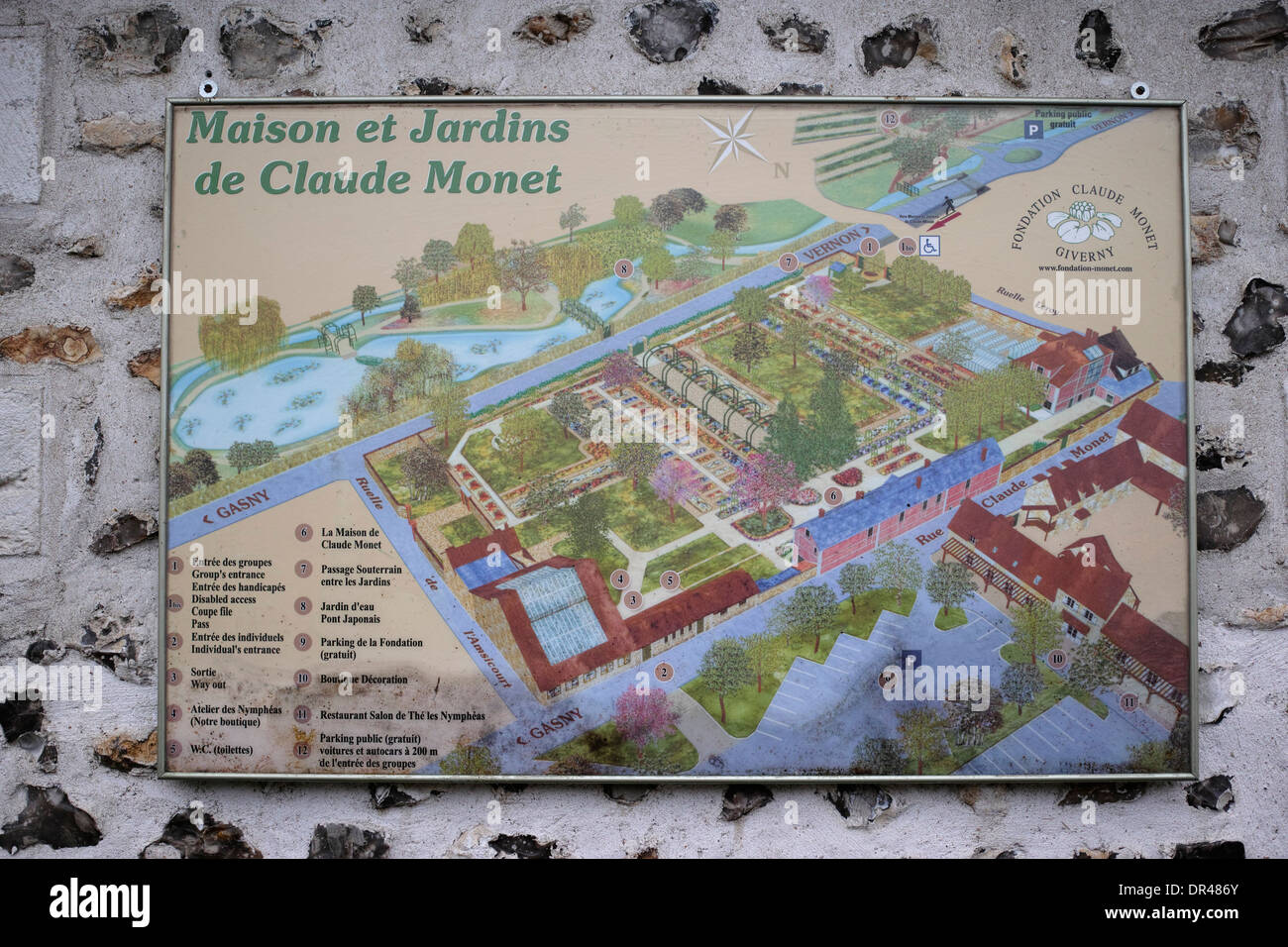 Eine Karte (Plan) von Monets Haus und Garten, Giverny, Normandie, Frankreich Stockfoto