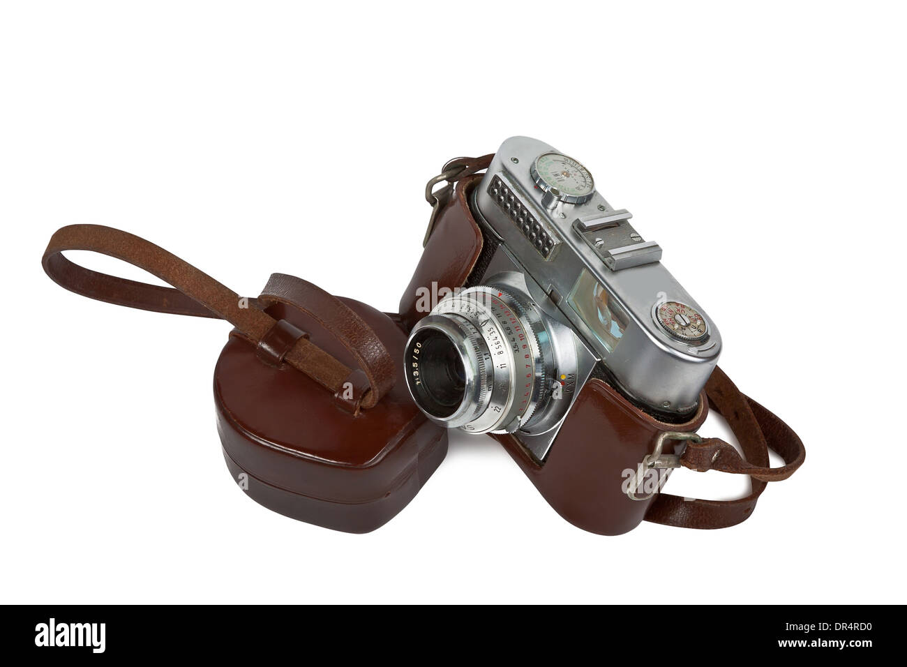 Vintage-Kamera mit Lederbox isoliert auf weißem Hintergrund Stockfoto