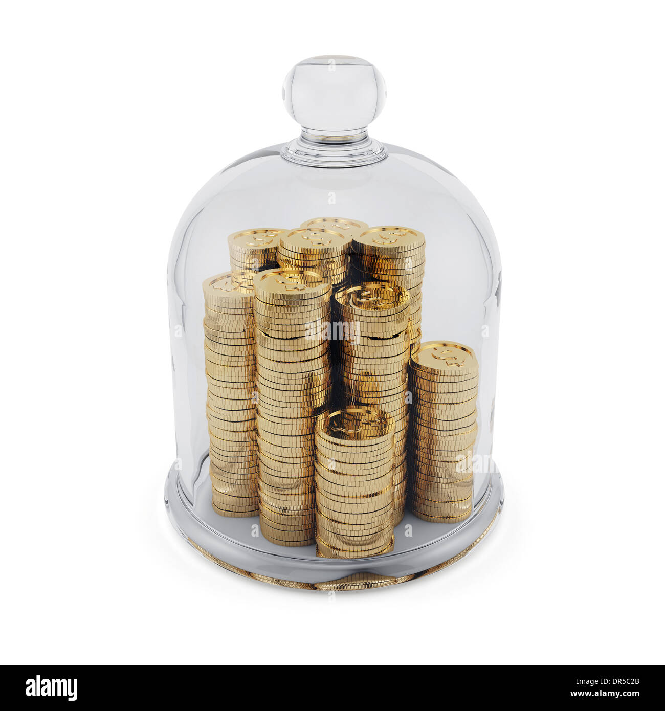 3D Render Goldmünzen von Glasglocke abgedeckt. Finanzkonzept Stockfoto