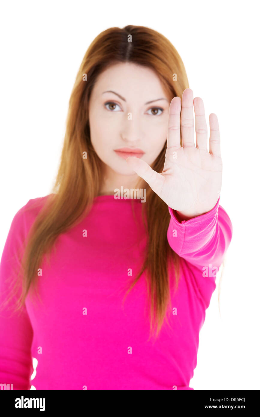 Halten Sie, stoppen Sie Geste zeigte Frau Stockfoto