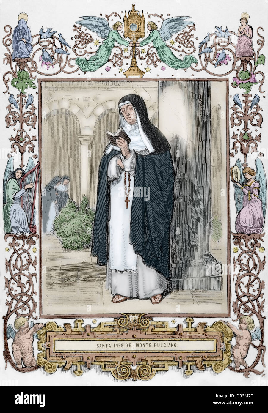 Heilige Agnes von Montepulciano (1268-1317). Dominikanische Priorin. Kupferstich von Capuz. Das christliche Jahr 1852. Farbige. Stockfoto